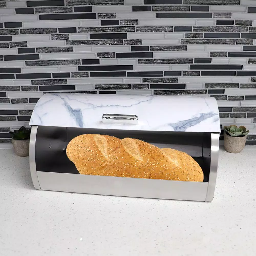 Unbranded White Marble Pattern Steel Bread Box with Roll Top Lid