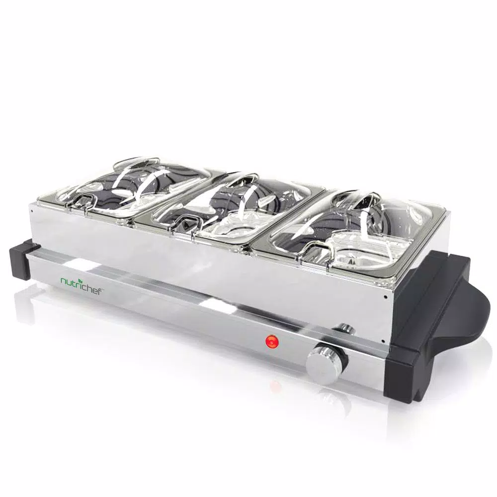 NutriChef 21.9 in. Stainless Steel 3-Plate Electric Buffet Server Food Warming Tray
