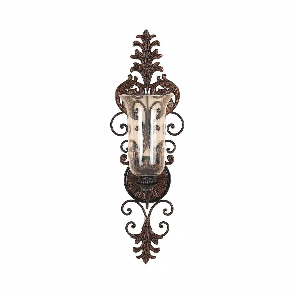 LITTON LANE Antique Gold Flourished Iron Candle Sconce with Clear Glass Hurricane Shade