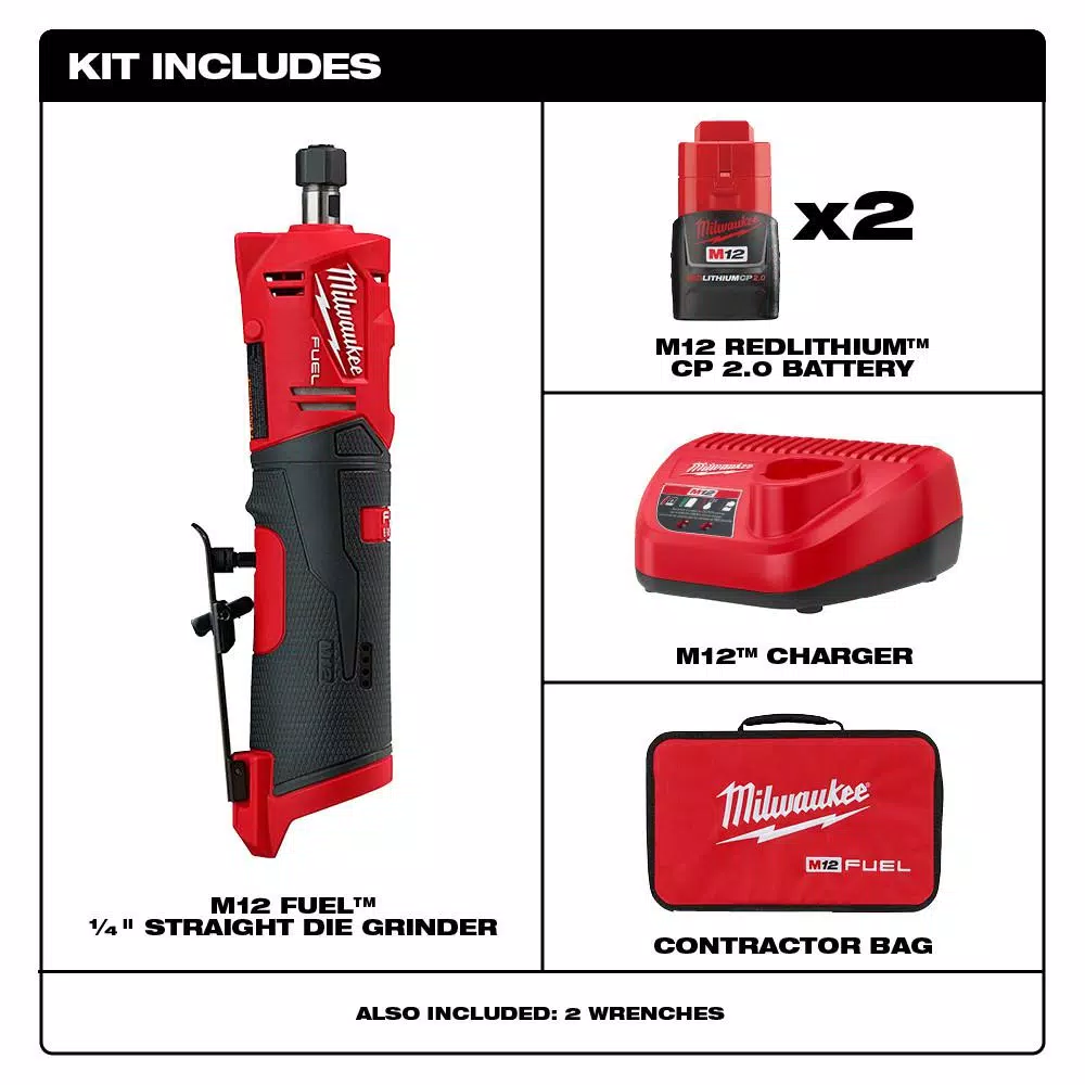 Milwaukee M12 FUEL 1/4 in. Brushless Cordless Straight Die Grinder Kit with Two 2.0 Ah Batteries
