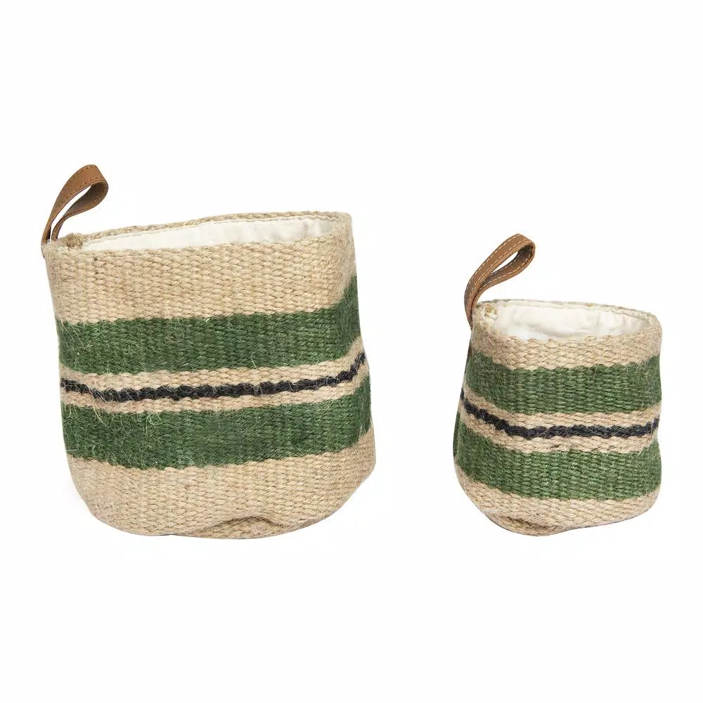 3R Studios Handwoven Jute Decorative Baskets with Green Stripes, Set of 2