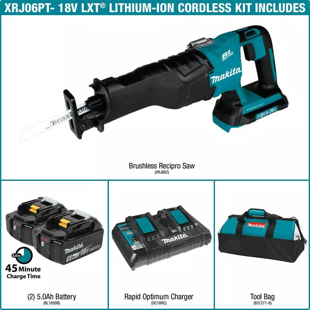 Makita 36V (18V X2) LXT Brushless Cordless Reciprocating Saw Kit with (2) 5.0Ah Batteries and Charger