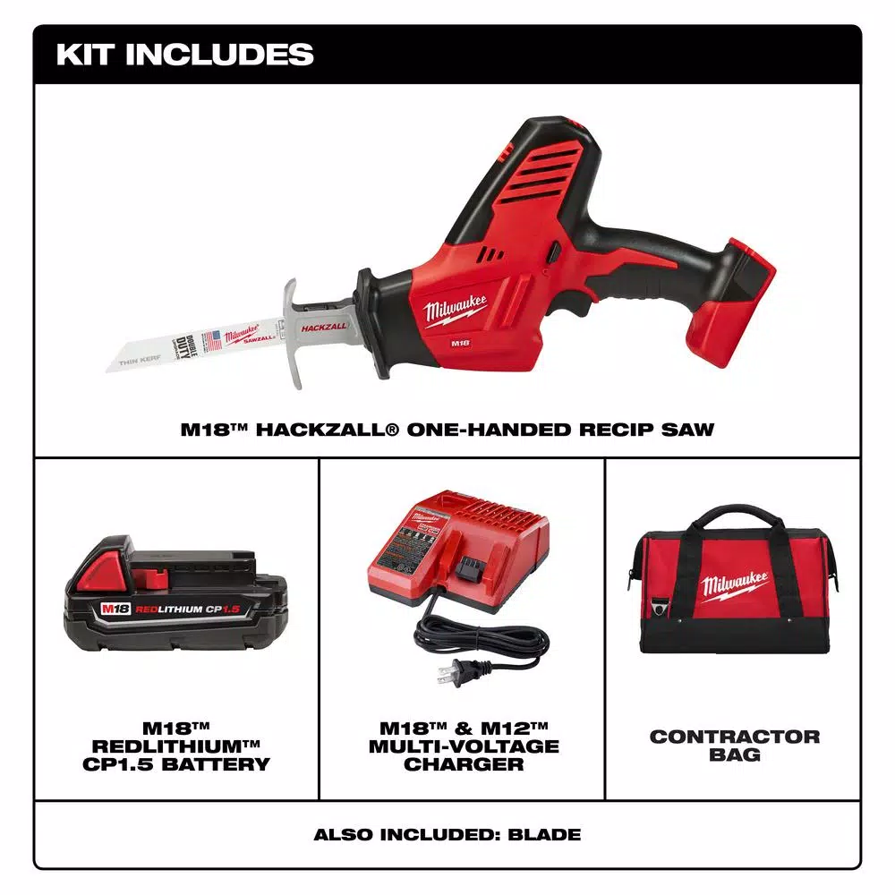 Milwaukee M18 18V Lithium-Ion Cordless Hackzall Reciprocating Saw Kit with 1.5Ah Battery, Charger and Tool Bag