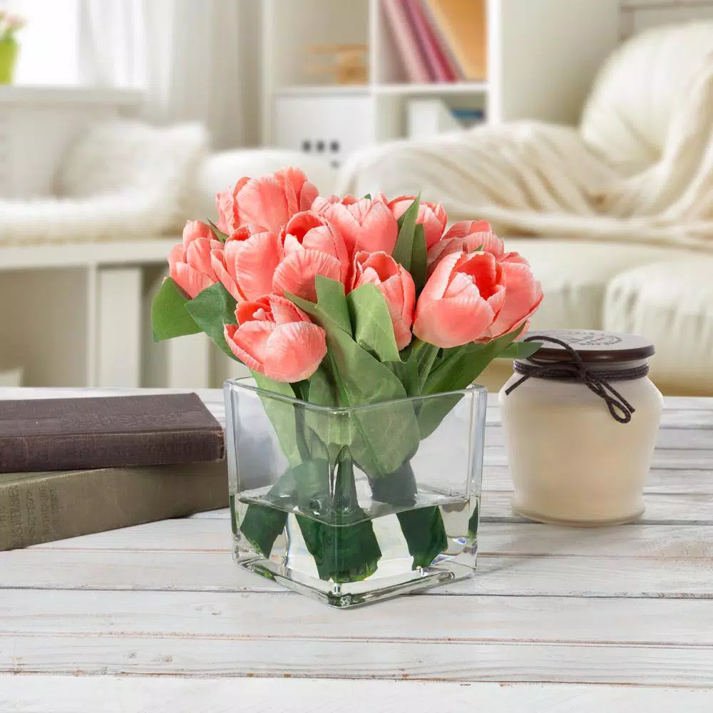 Pure Garden Soft Coral Tulip Floral Arrangement with Glass Vase and Faux Water