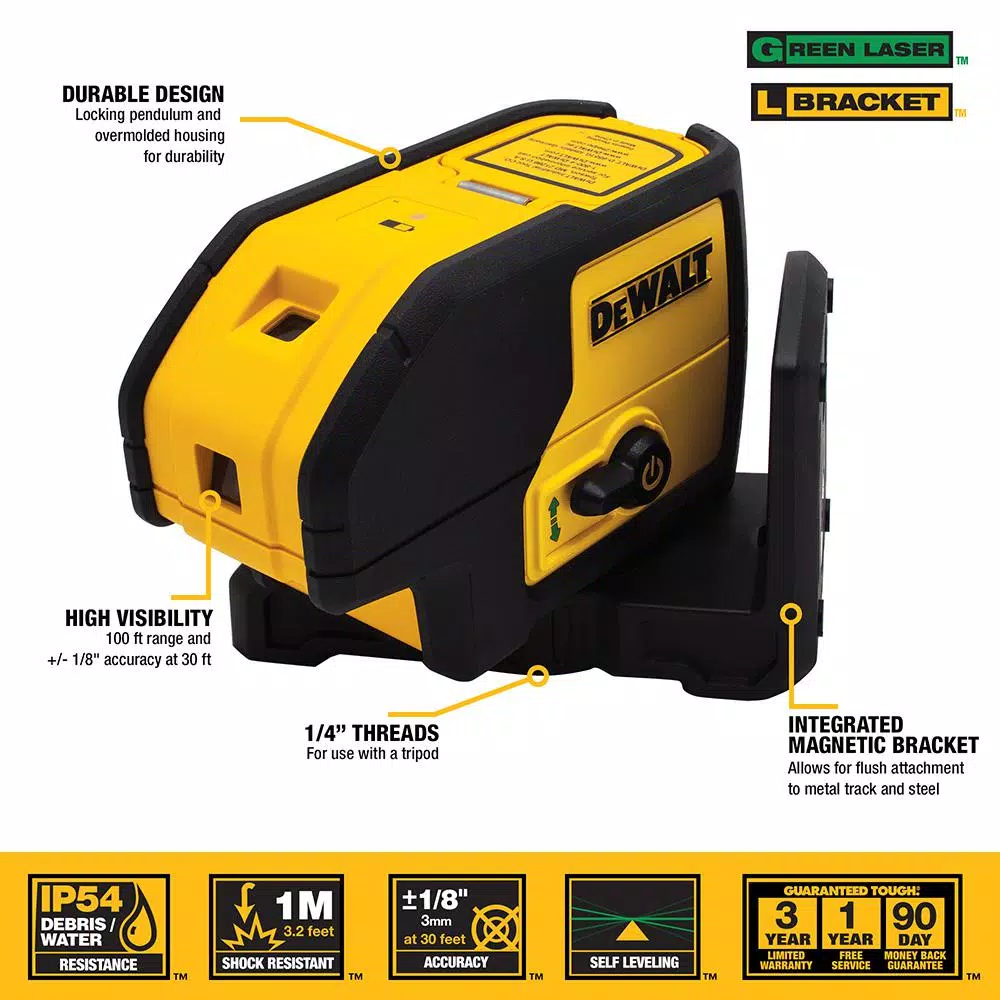 DEWALT Green 3-Spot Self-Leveling Laser Level with Case and (2) AA Batteries