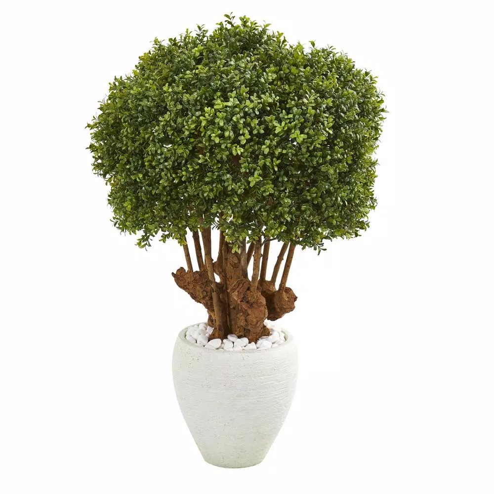Nearly Natural 41 in. Artificial Boxwood Topiary Tree in White Planter with White Rocks