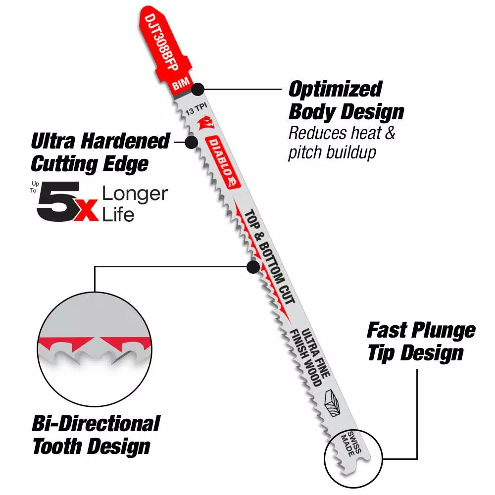Diablo 3-5/8 in. x 13 TPI Bi-Metal T-Shank Jigsaw Blades for Plexiglass, 5-Pack