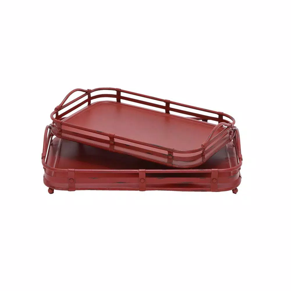 LITTON LANE Farmhouse Rustic Red Metal Wagon Top Decorative Trays, Set of 2