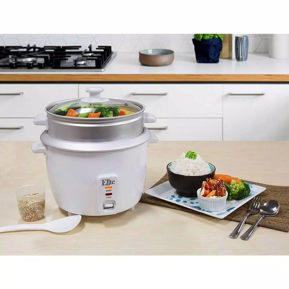 Elite Gourmet 16-Cup Rice Cooker with Steam Tray, White
