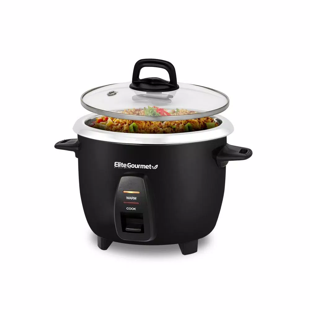 Elite Gourmet 10-Cup Deluxe Rice Cooker with Steam Tray and Stainless Steel Inner Pot, Black