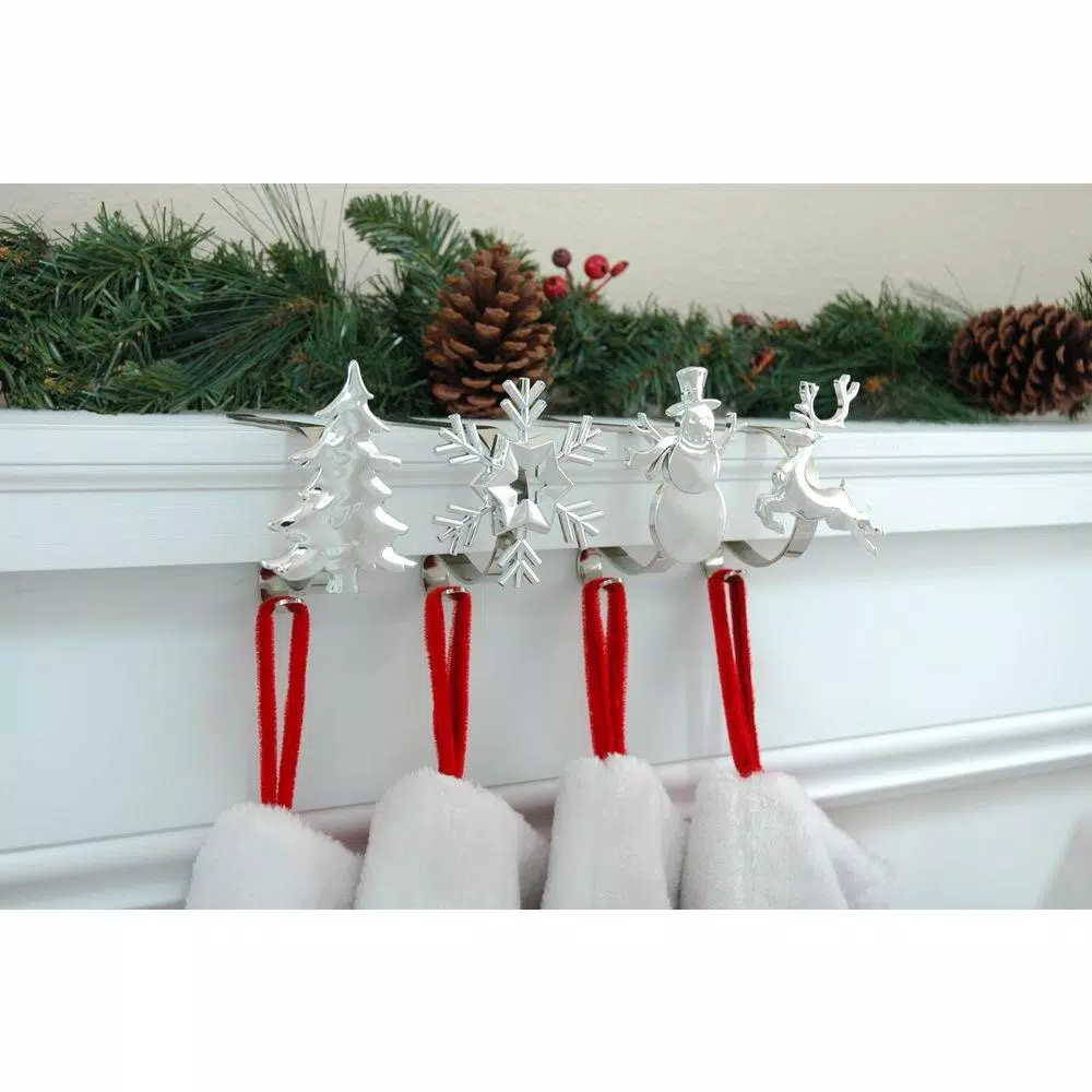 Original MantleClip Silver Adjustable Metal Christmas Stocking Holder Set with Clip-On Icons, 4-Pack