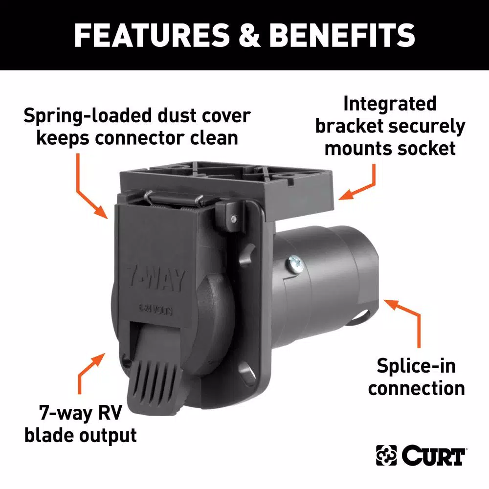 CURT 7-Way Round RV Blade Connector Socket with Integrated Bracket, Vehicle Side