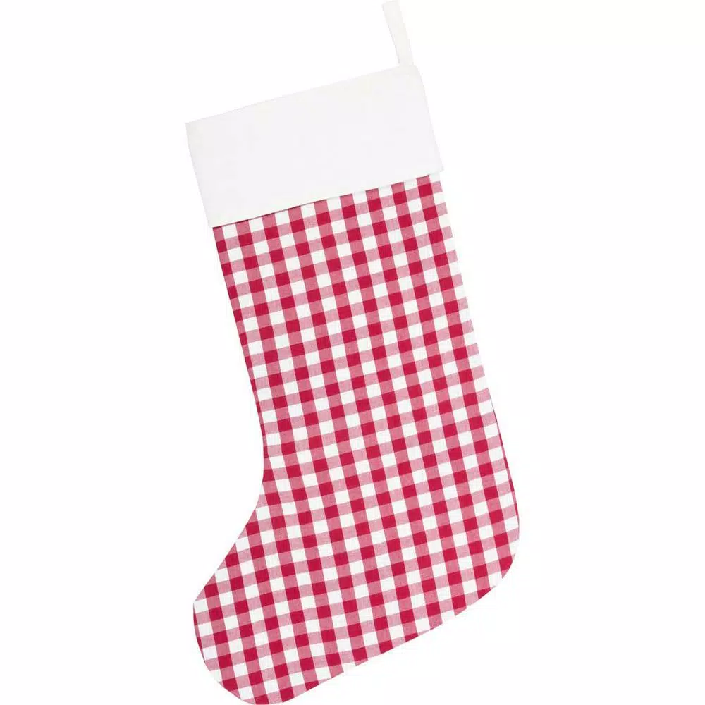 VHC Brands Emmie Farmhouse Christmas Decor 20 in. Red and White Check Cotton Patch Stocking