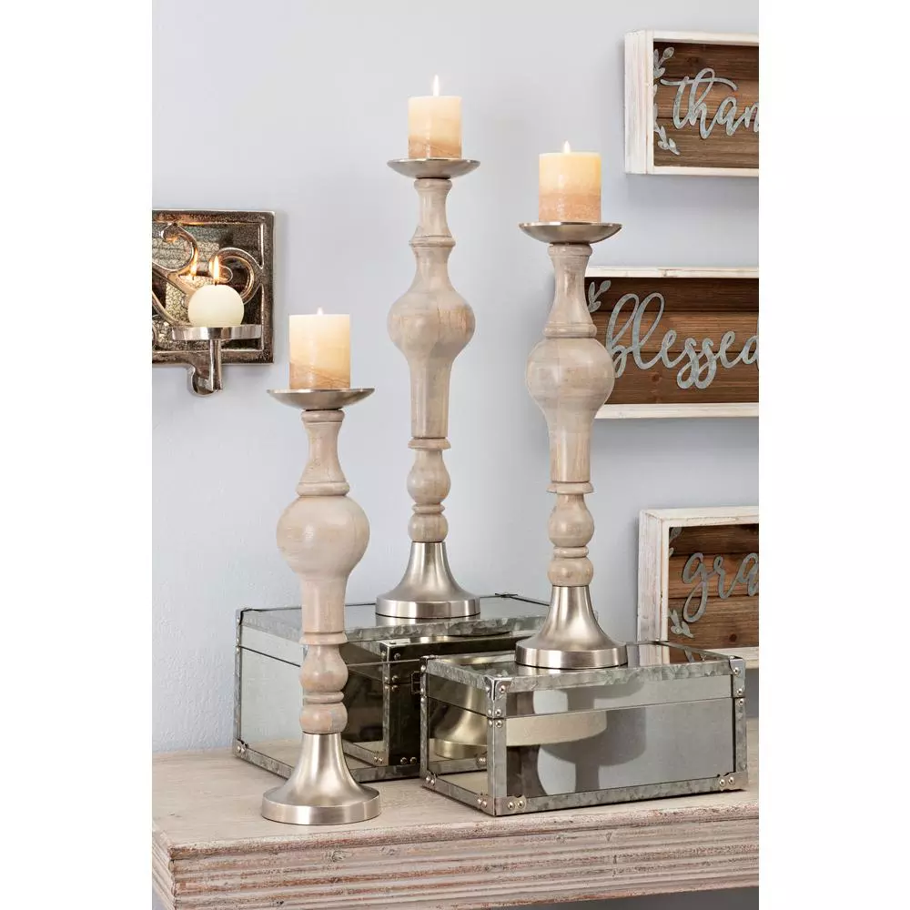 IMAX Trisha Yearwood Nightingale Mango Wood Hurricane Candle Holder Set of 3, Gray
