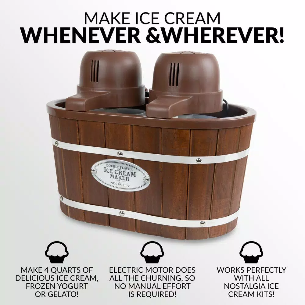 Nostalgia ICMW200DBL 4 Qt. Electric Double Flavor Ice Cream Maker, Brown Wood Grain