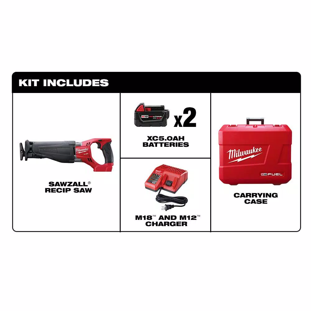 Milwaukee M18 FUEL 18V Brushless Cordless Reciprocating Saw Kit with (2) 5.0Ah Batteries, Charger & Case