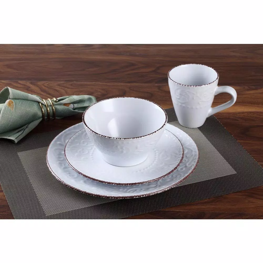 Lorren Home Trends Lorren Home 16-Piece White Stoneware Scroll Dinnerware Set, Service for 4