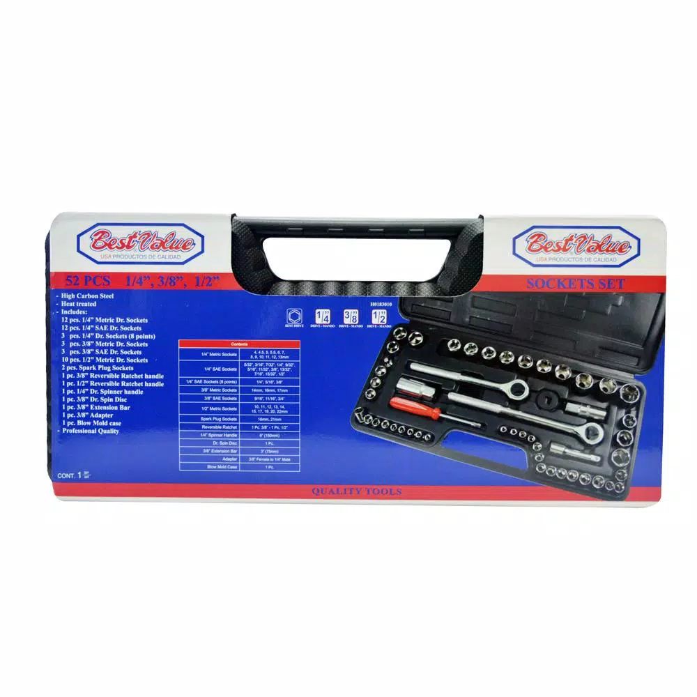 Best Value 52-Piece Socket Set with 1/4 in., 3/8 in., and 1/2 in. Drives - Metric and SAE