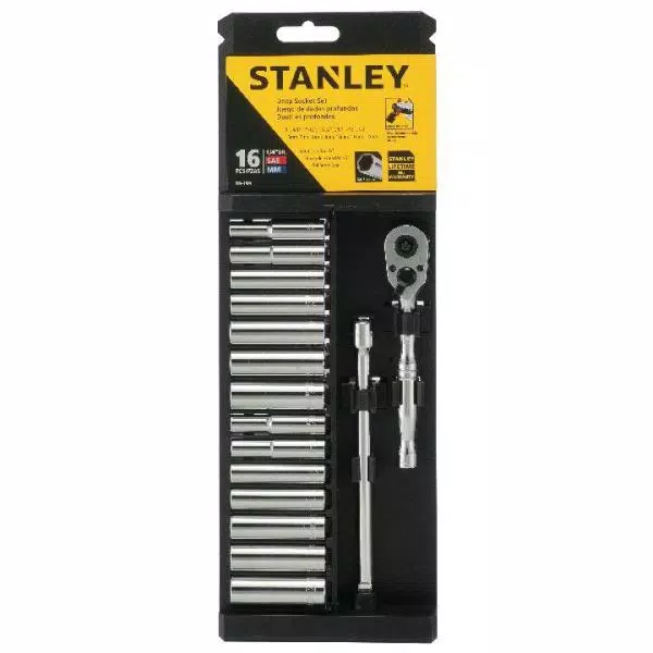 Stanley 1/4 in. Drive 6-Point Socket Set, 16-Piece Ratchet and Socket Set