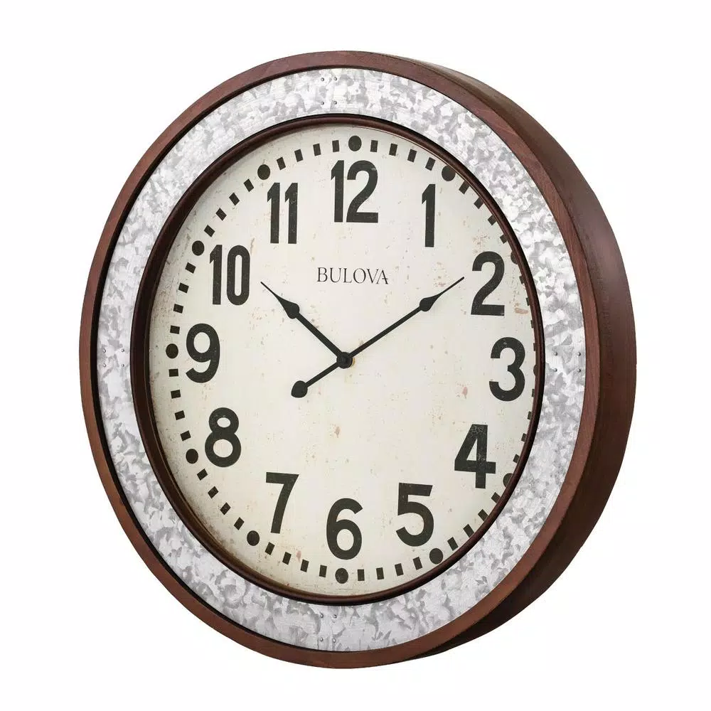 Bulova Grange 24 in. Cherry Wood and Galvanized Metal Round Wall Clock
