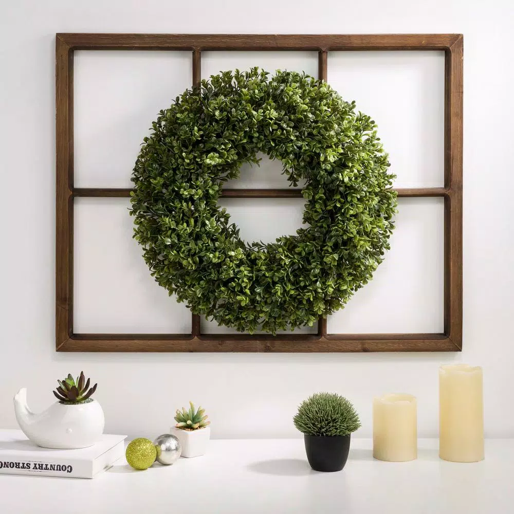 Glitzhome 18 in. Boxwood Wreath with 28 in. Wooden Window Frame Decor