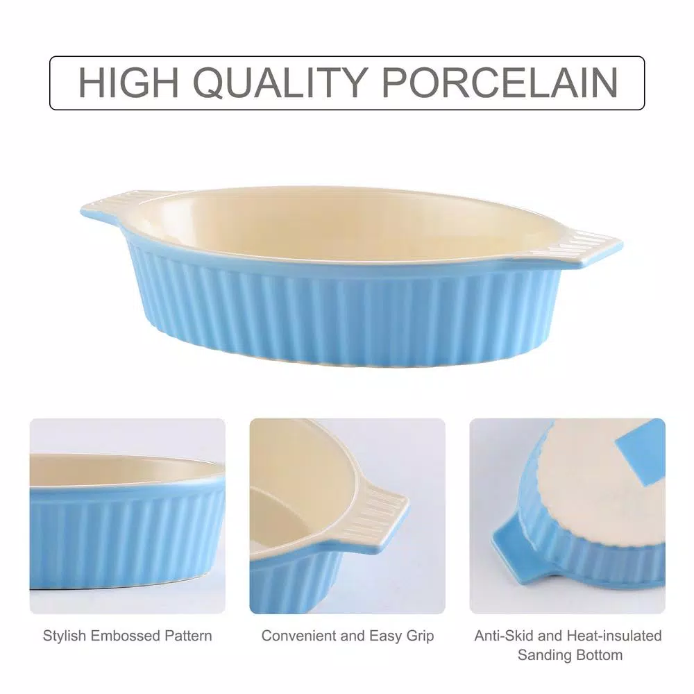 MALACASA 2-Piece Blue Oval Porcelain Bakeware Set, 12.75 in. and 14.5 in. Ceramic Baking Dishes