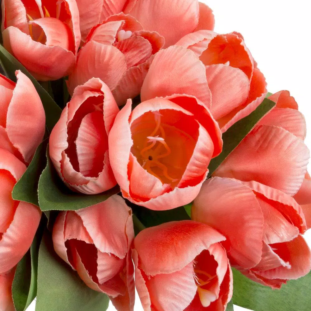 Pure Garden Soft Coral Tulip Floral Arrangement with Glass Vase and Faux Water