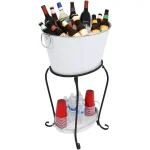 Sunnydaze Decor Sunnydaze 7.5 Gallon White Galvanized Steel Ice Bucket Beverage Holder with Stand and Tray thumbnail 3