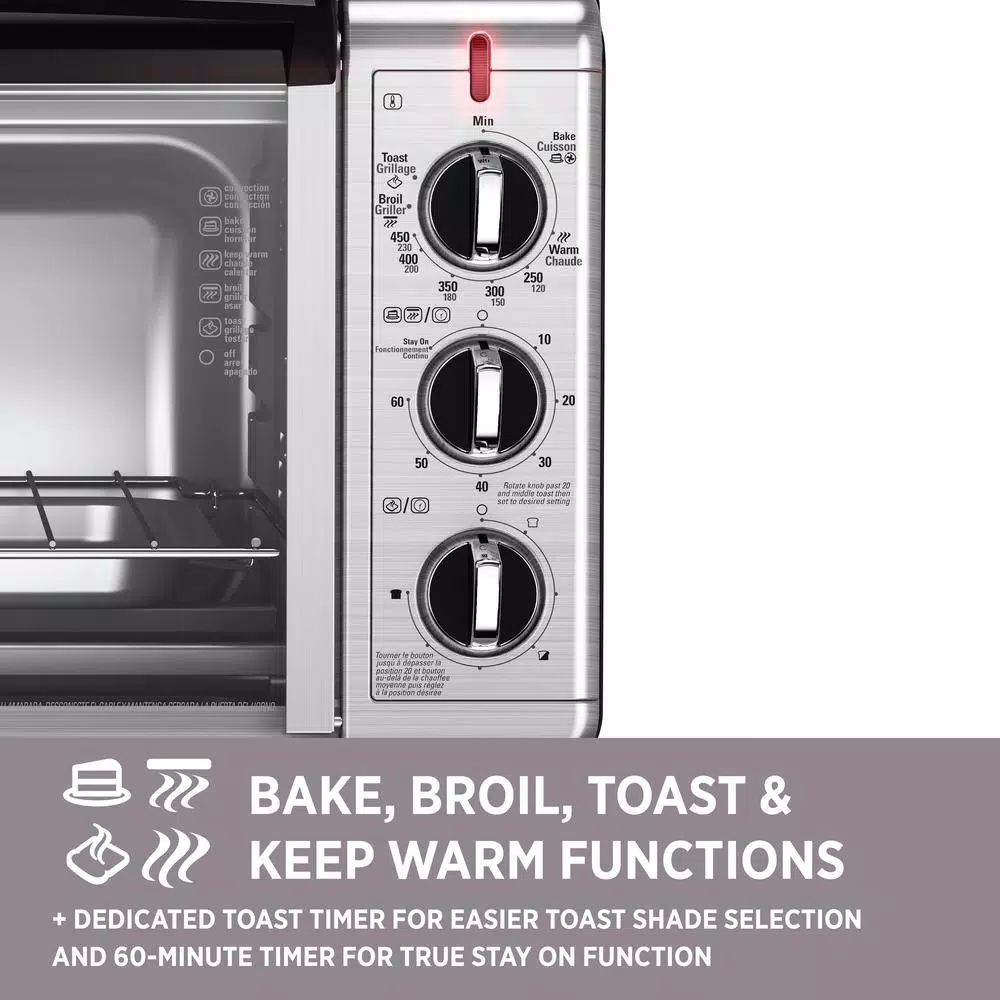 BLACK+DECKER 1500W 6-Slice Convection Toaster Oven with Broiler Pan, Black and Silver