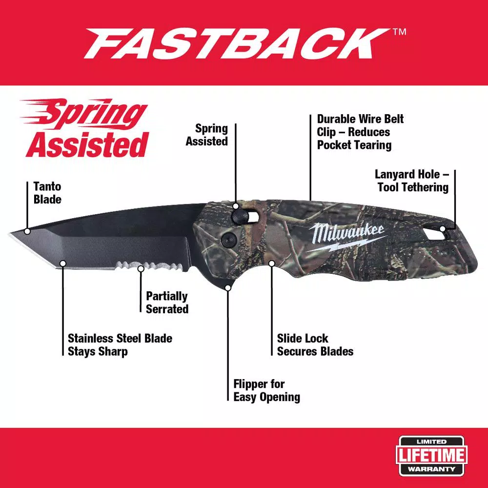 Milwaukee FASTBACK Camo Spring-Assisted Folding Knife with 2.92 in. Tanto Blade