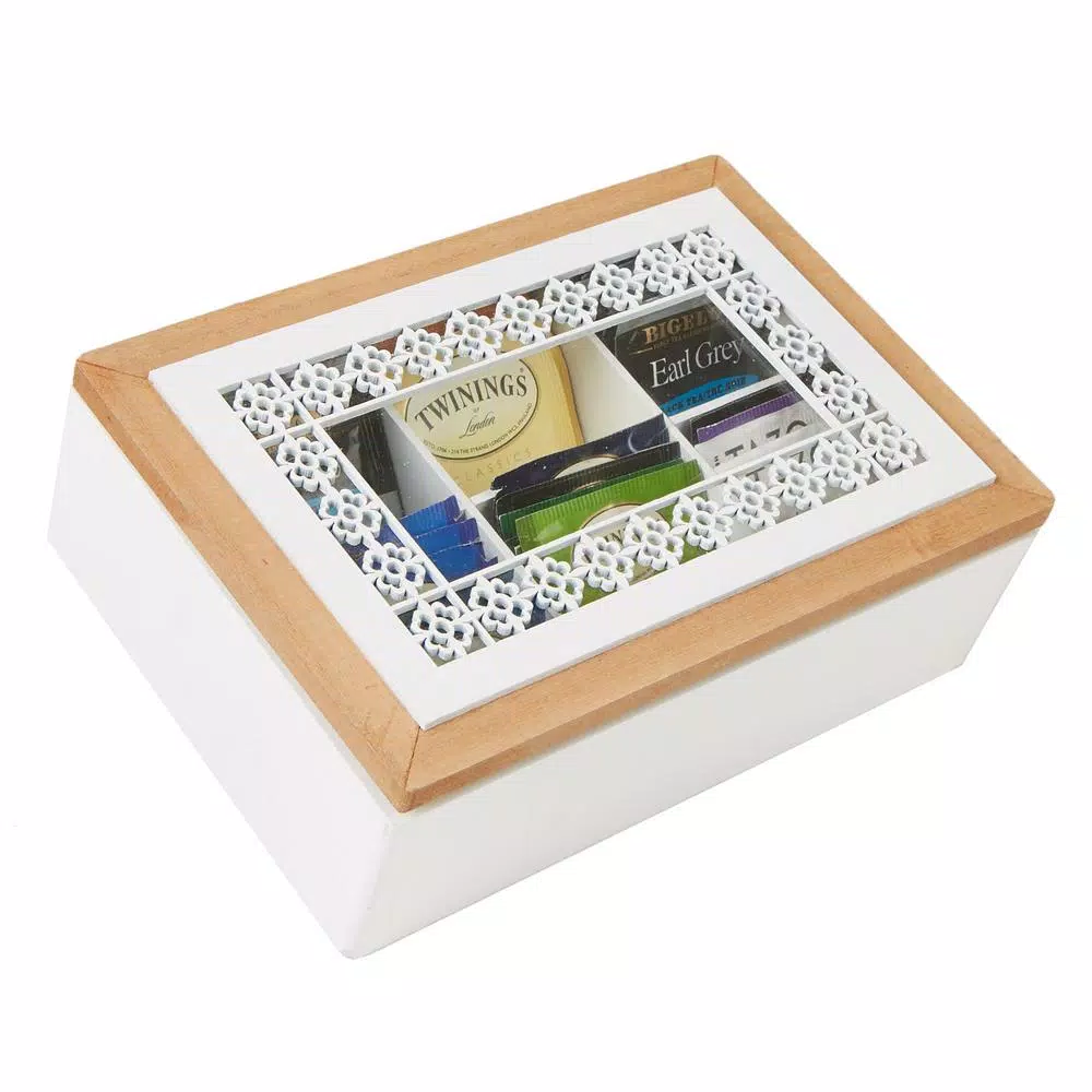 Mind Reader Brown Wood Pattern Tea Box Organizer with Glass Window
