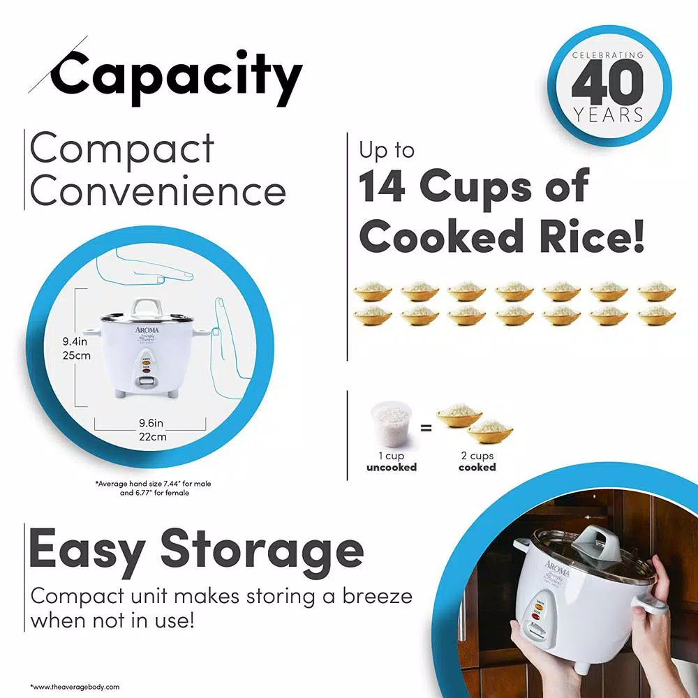 AROMA Simply Stainless 14-Cup Rice Cooker, White