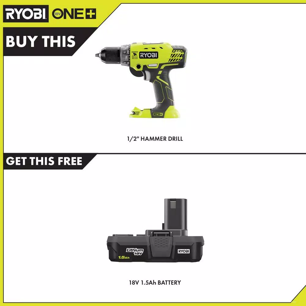 RYOBI 18V ONE+ 1/2 in. Cordless Hammer Drill/Driver Kit with 1.5 Ah Battery