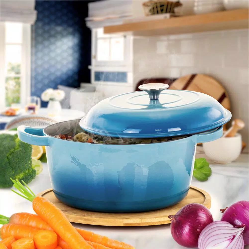 MegaChef 5 Qt. Round Enameled Cast Iron Casserole Dish with Lid, Blue