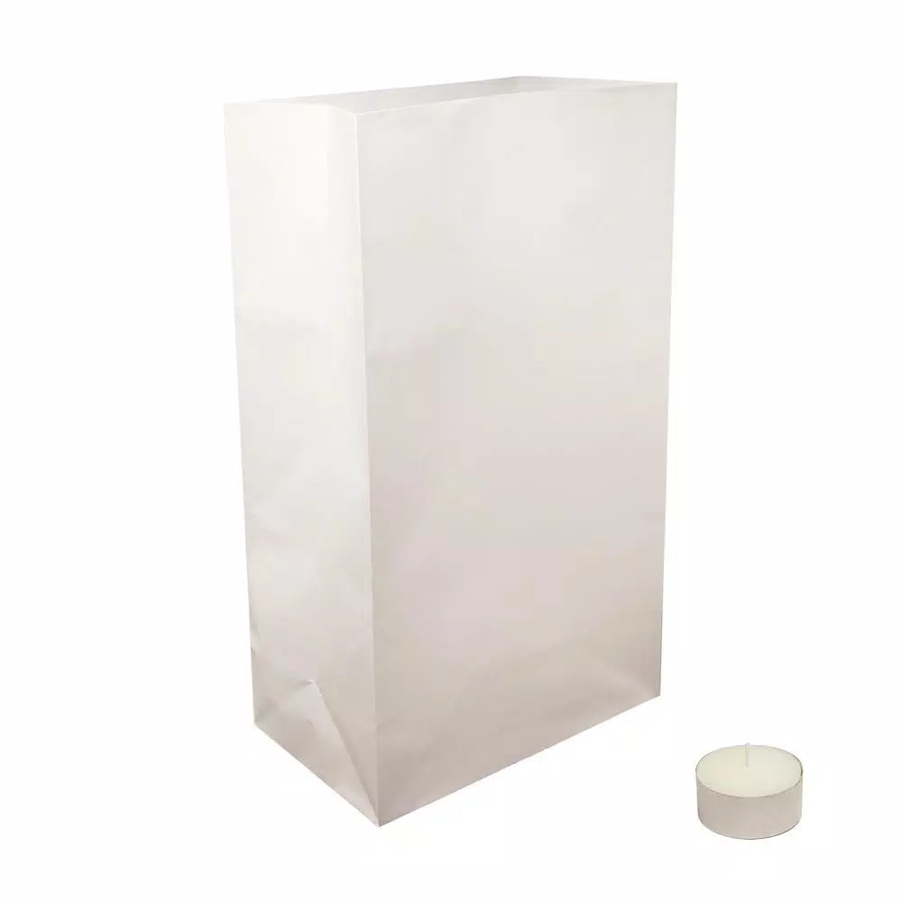 LUMABASE Luminaria Kit - 100 Flame Resistant White Paper Bags and Extended Burn Tea Light Candles