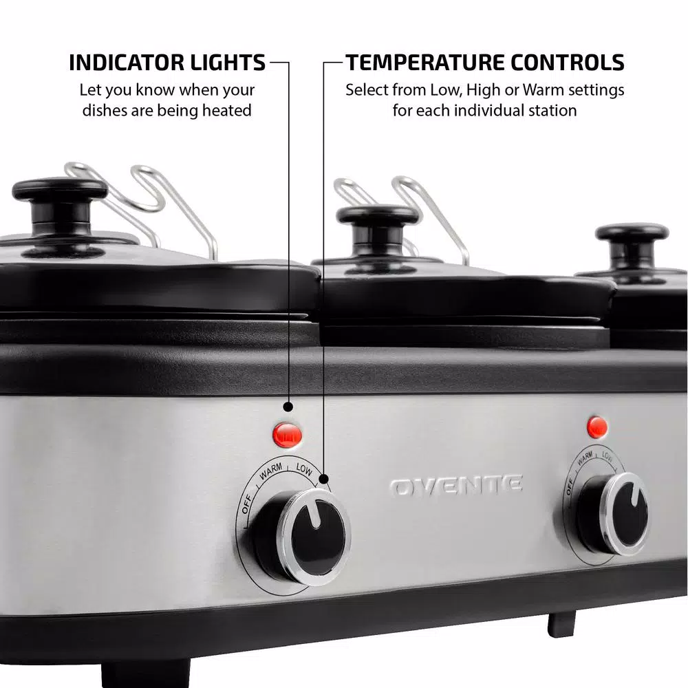 OVENTE 3-Station Slow Cooker and Buffet Server, 4.5 Qt. Silver Stainless Steel