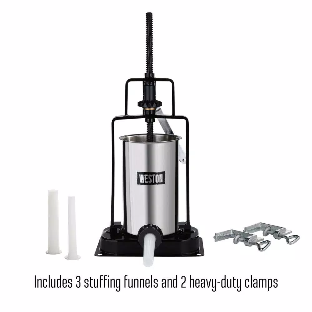 Weston 5 lb. Capacity Vertical Sausage Stuffer with Stainless Steel Canister and 3 Funnels