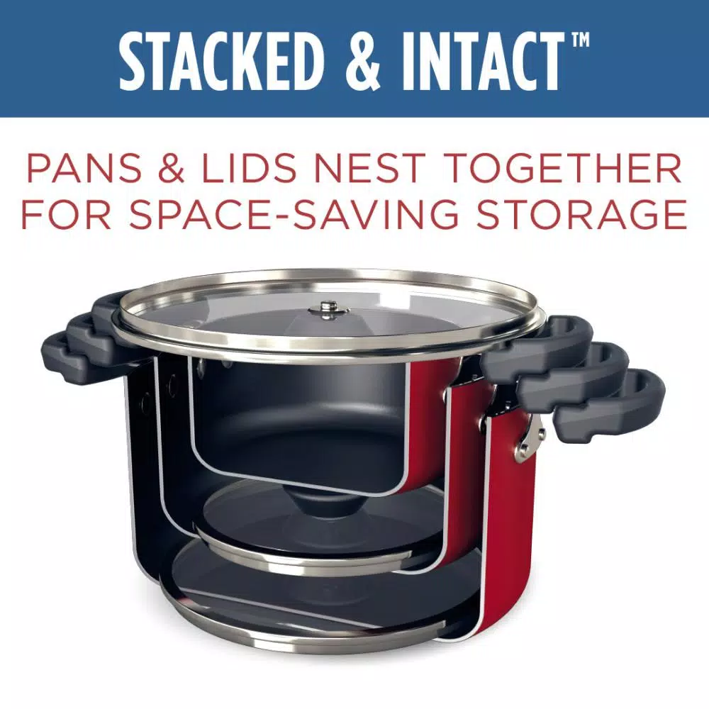 Farberware Neat Nest 6-Quart Aluminum Nonstick Saucepot with Glass Lid, Red