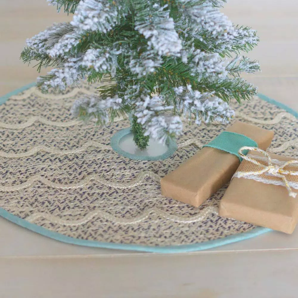 VHC Brands Sanbourne 21 in. Creme White Coastal Christmas Mini Tree Skirt with Turquoise Chambray Trim
