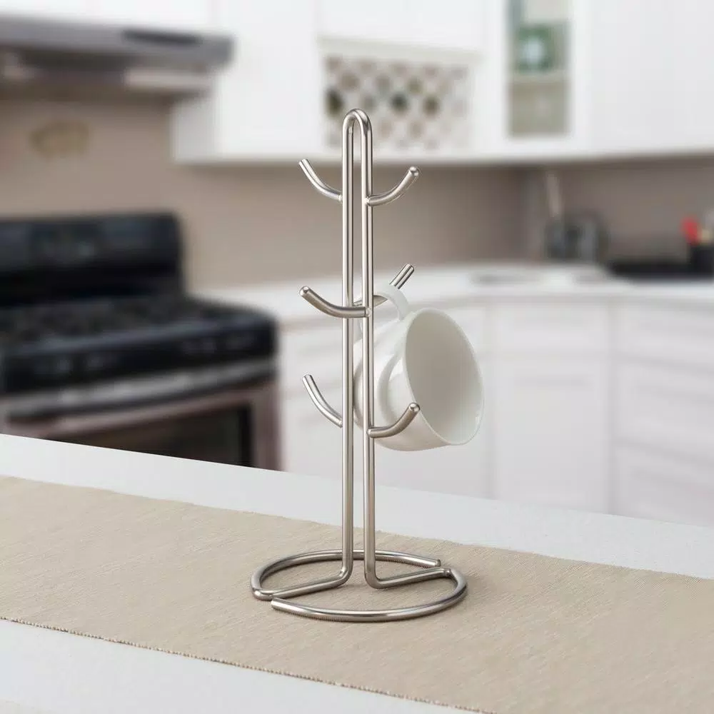 Home Basics Satin Nickel Metal Mug Tree Holder - 6 Hook Coffee and Tea Cup Display Rack