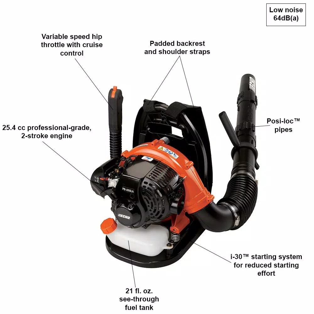 ECHO PB-265LN 25.4 cc Gas Backpack Leaf Blower, 375 CFM, 158 MPH