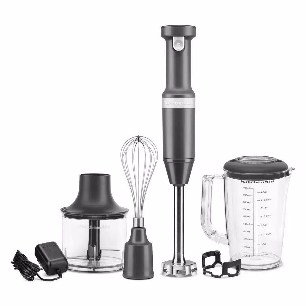 KitchenAid Cordless Variable Speed Hand Blender with Chopper and Whisk Attachments, Charcoal Grey