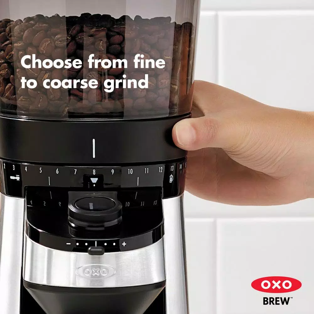 OXO Black Stainless Steel Burr Coffee Grinder with Integrated Scale, 12 oz. Capacity