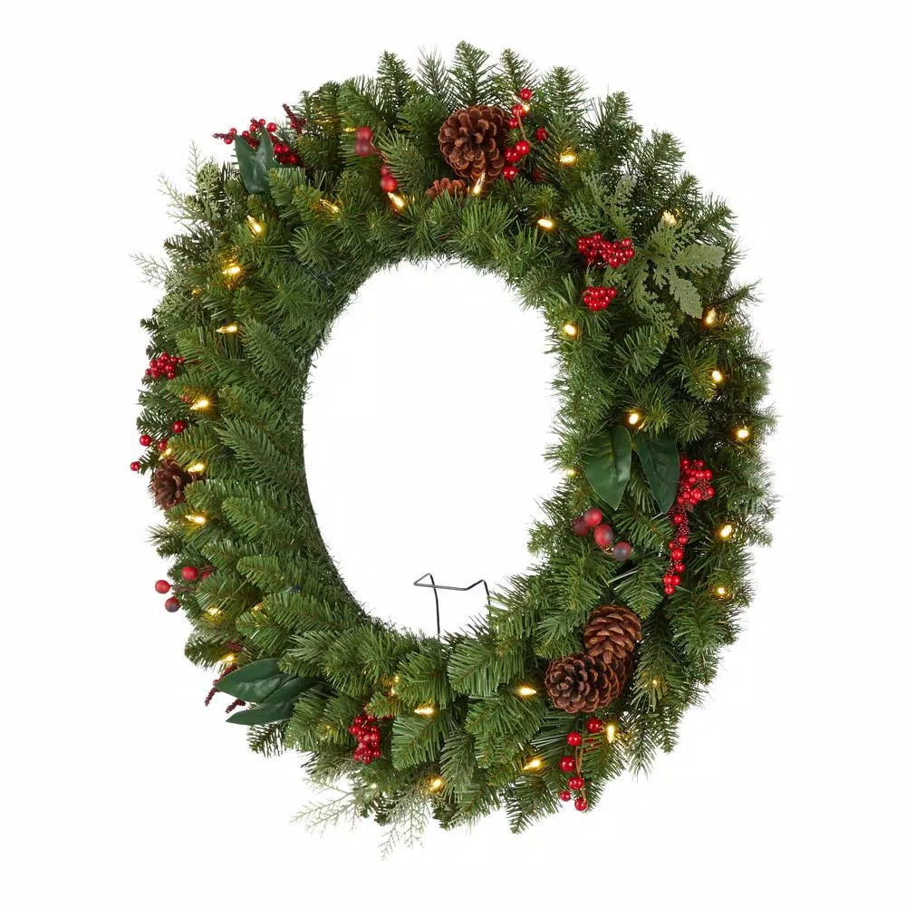 Home Accents Holiday 30 in. Winslow Fir Pre-lit Artificial Christmas Wreath with 50 Warm White LED Lights and Timer