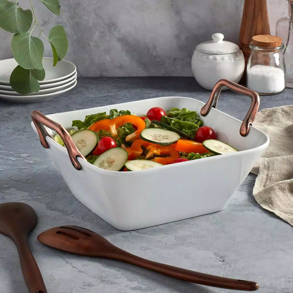 Denmark Square White Porcelain Serving Platter with Brushed Copper Handles, 11 in. Chip Resistant