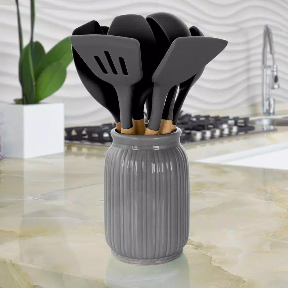 MegaChef 9-Piece Gray Silicone and Wood Kitchen Utensil Set with Ceramic Holder