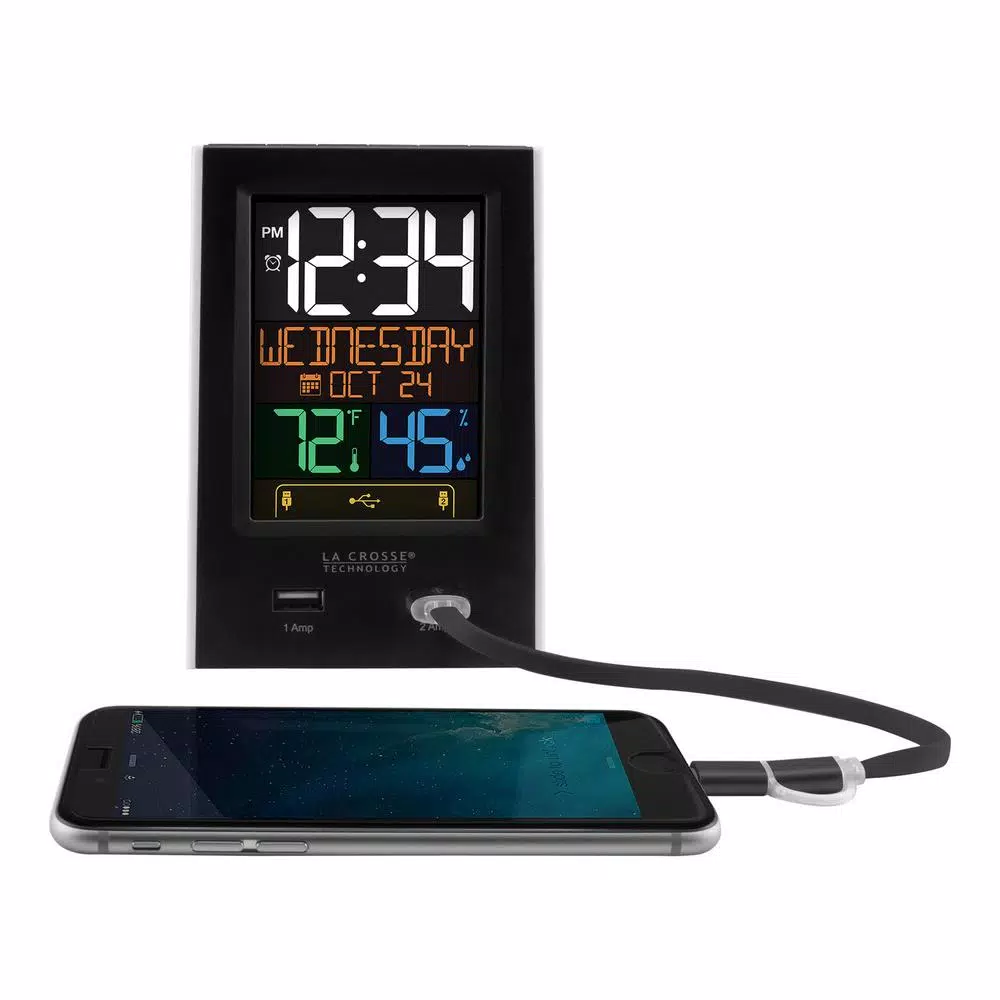 La Crosse Technology Digital Desktop Alarm Clock with Dual USB Charging Ports, Nap Timer, and Temperature/Humidity Display