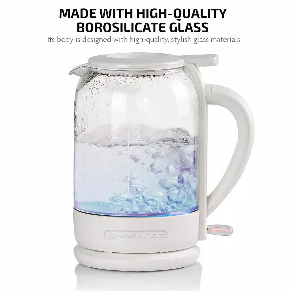 Ovente 1.5L White Glass Electric Kettle with ProntoFill Technology, 1500W