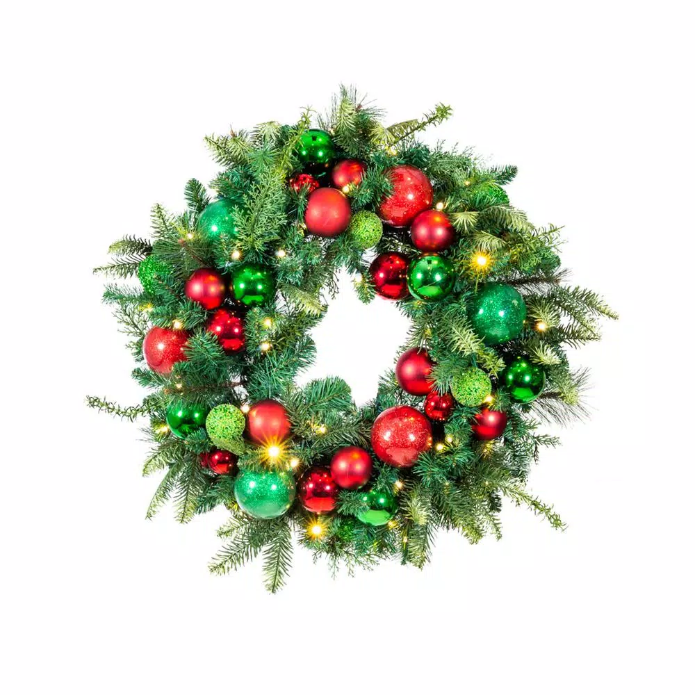 Village Lighting Company 30 in. Pre-Lit LED Christmas Cheer Wreath with 50 Warm White Lights and Remote Control