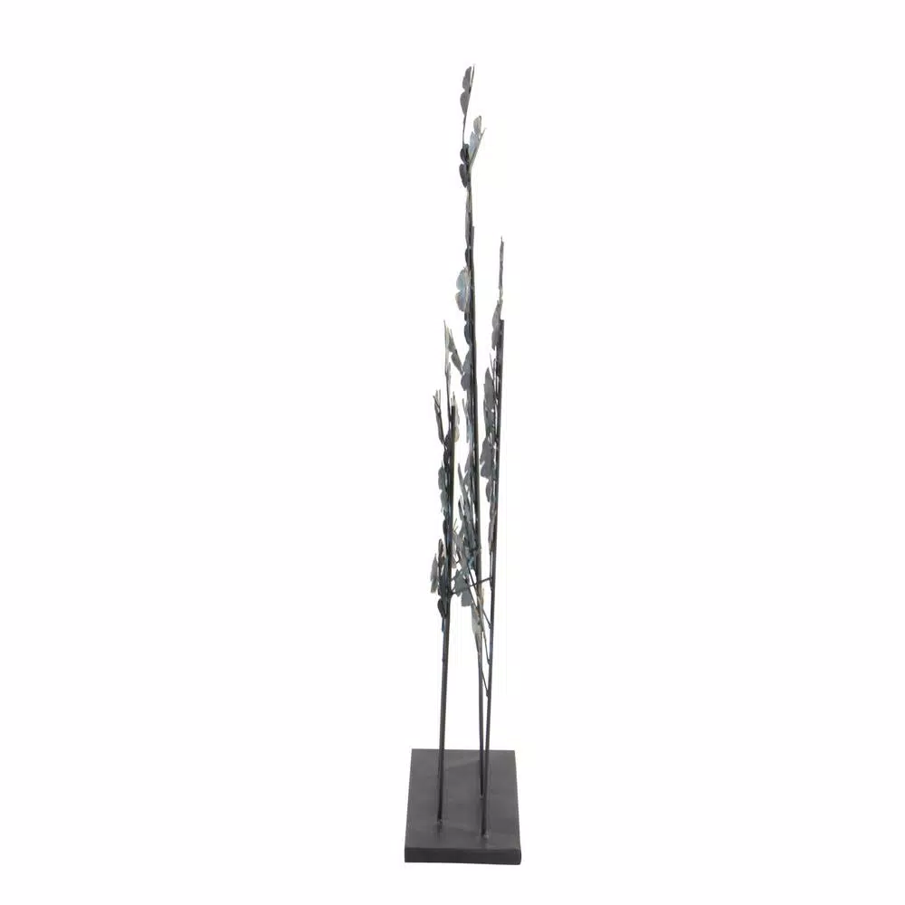 LITTON LANE Iron Metal Turquoise Ginkgo Leaves Sculpture with Gold Outline and Rectangular Base